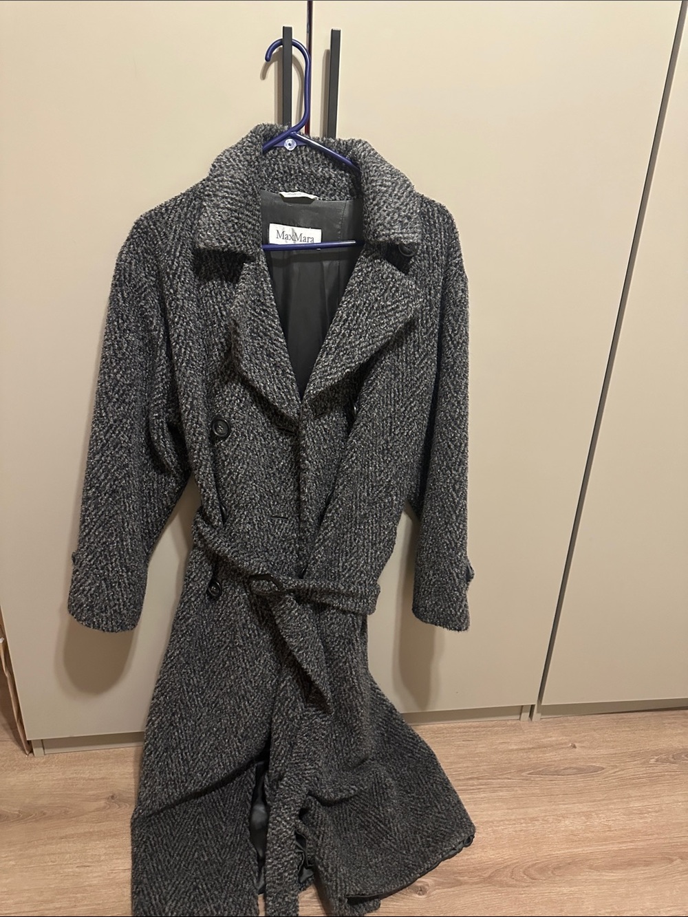 MaxMara Gray herringbone Wool Alpaca Blend Long Belted Trench Coat Size Medium